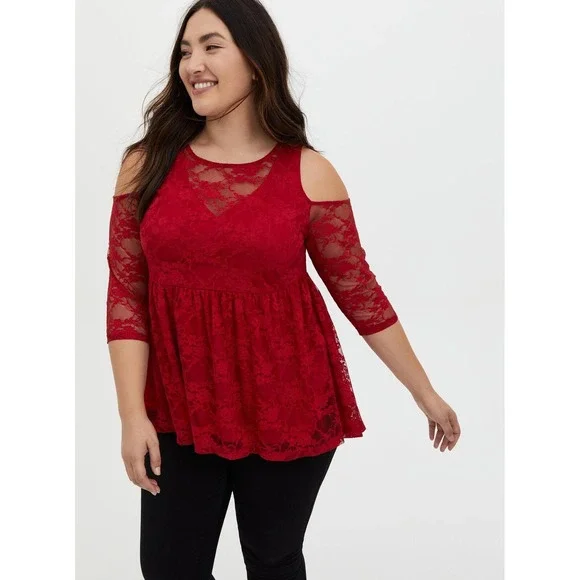 Torrid Babydoll Stretch Lace Cold Shoulder Top Biking Red Plus Size 4 4X - Picture 1 of 15